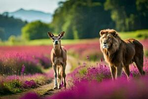 twee leeuwen en een hert in een veld- van Purper bloemen. ai-gegenereerd foto