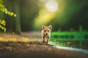 een puppy wandelen langs een pad in de buurt een rivier. ai-gegenereerd foto