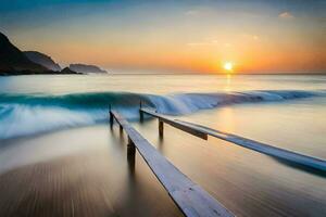 een houten pier in de oceaan Bij zonsondergang. ai-gegenereerd foto