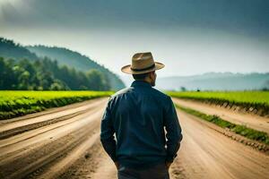 een Mens in een hoed wandelingen naar beneden een aarde weg. ai-gegenereerd foto