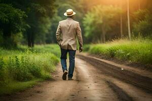 een Mens in een hoed en jasje wandelen naar beneden een aarde weg. ai-gegenereerd foto