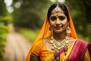 een vrouw in een oranje sari en goud sieraden. ai-gegenereerd foto