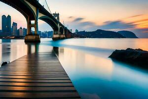 een brug over- de oceaan met een stad horizon in de achtergrond. ai-gegenereerd foto