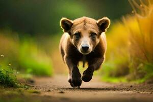 een bruin beer rennen Aan een aarde weg. ai-gegenereerd foto
