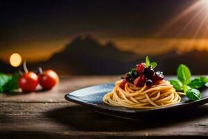 spaghetti met tomaat en basilicum Aan een bord. ai-gegenereerd foto