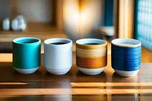 vier verschillend gekleurde cups zittend Aan een houten tafel. ai-gegenereerd foto