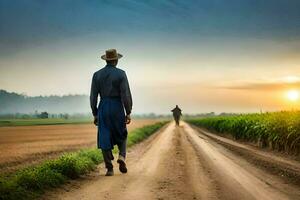 een Mens wandelen naar beneden een aarde weg met een paard. ai-gegenereerd foto