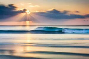 een zonsondergang over- de oceaan met golven. ai-gegenereerd foto