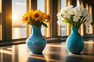 twee vazen met bloemen zittend Aan een tafel in voorkant van een venster. ai-gegenereerd foto