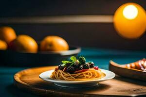 spaghetti met zwart truffel en oranje Aan een bord. ai-gegenereerd foto
