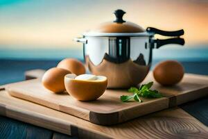 een houten snijdend bord met eieren en een pot. ai-gegenereerd foto