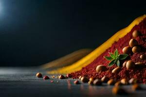 een stapel van rood en geel specerijen Aan een tafel. ai-gegenereerd foto