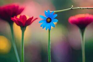 een blauw bloem is staand in voorkant van een rood bloem. ai-gegenereerd foto