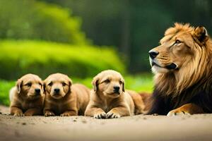 een leeuw en zijn puppy's. ai-gegenereerd foto