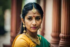 een mooi Indisch vrouw vervelend een sari en goud sieraden. ai-gegenereerd foto
