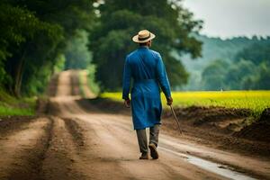 een Mens in een blauw pak en hoed wandelingen naar beneden een aarde weg. ai-gegenereerd foto