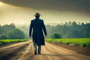 een Mens in een hoed en jas wandelen naar beneden een aarde weg. ai-gegenereerd foto