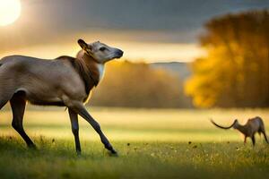 een hert en antilope zijn wandelen in een veld. ai-gegenereerd foto