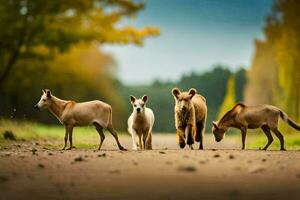 vier klein dieren wandelen Aan een aarde weg. ai-gegenereerd foto