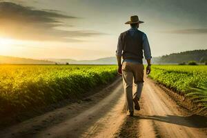 een Mens in een hoed wandelingen naar beneden een aarde weg in een veld. ai-gegenereerd foto