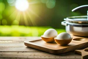 eieren Aan een houten dienblad met een pot en een pan Aan een tafel. ai-gegenereerd foto