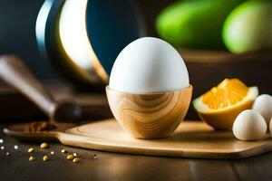 een ei in een houten ei kop met een oranje en specerijen. ai-gegenereerd foto
