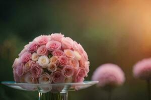 een boeket van roze rozen zittend Aan een glas tafel. ai-gegenereerd foto