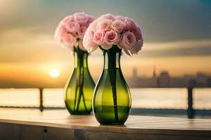 twee groen vazen met roze rozen Aan een tafel. ai-gegenereerd foto