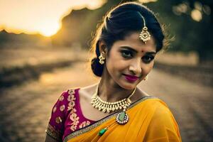 mooi Indisch vrouw in geel sari. ai-gegenereerd foto