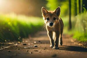 een klein hond wandelen naar beneden een aarde weg. ai-gegenereerd foto