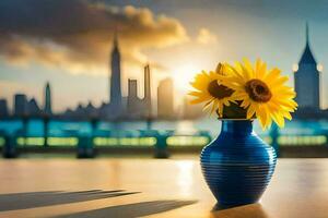 zonnebloemen in een blauw vaas Aan een tafel met een stad horizon in de achtergrond. ai-gegenereerd foto