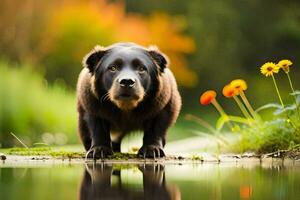 een zwart beer staand in de water in de buurt bloemen. ai-gegenereerd foto