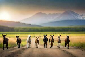 een groep van paarden wandelen naar beneden een aarde weg. ai-gegenereerd foto