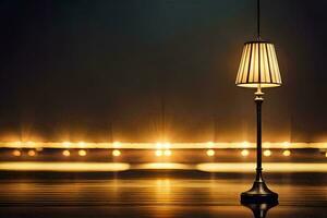 een lamp is zittend Aan een tafel in voorkant van een donker achtergrond. ai-gegenereerd foto