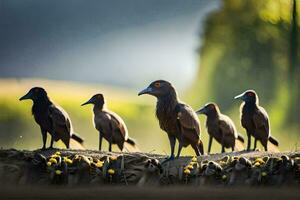 een groep van vogelstand staand Aan top van een steen. ai-gegenereerd foto