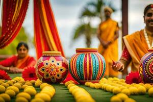 een Mens in Indisch kleding zit in voorkant van kleurrijk potten. ai-gegenereerd foto