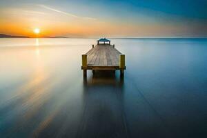 een lang blootstelling fotograaf van een pier in de oceaan. ai-gegenereerd foto