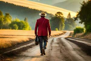 een Mens in een rood jasje en hoed wandelingen naar beneden een aarde weg. ai-gegenereerd foto