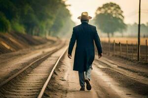 een Mens in een pak en hoed wandelen Aan spoorweg sporen. ai-gegenereerd foto