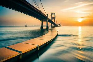 een brug over- de water met een zonsondergang in de achtergrond. ai-gegenereerd foto