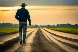 een Mens wandelen naar beneden een aarde weg Bij zonsondergang. ai-gegenereerd foto