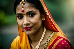 een vrouw in traditioneel Indisch kleding. ai-gegenereerd foto