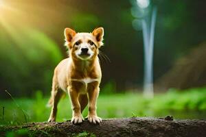 een klein hond staand Aan een log in de bossen. ai-gegenereerd foto
