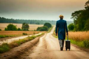 een Mens in een pak en hoed wandelen naar beneden een aarde weg met een koffer. ai-gegenereerd foto