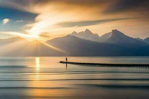 een Mens staat Aan een pier op zoek uit over- de water. ai-gegenereerd foto