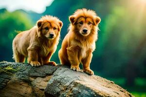 twee gouden puppy's staand Aan een rots in de zon. ai-gegenereerd foto