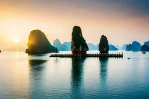 de zon stijgt over- de water in Halong baai, Vietnam. ai-gegenereerd foto