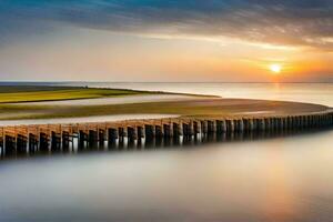 een lang blootstelling fotograaf van een pier Bij zonsondergang. ai-gegenereerd foto