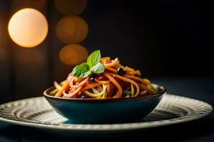 een kom van pasta met tomaten en basilicum Aan een tafel. ai-gegenereerd foto