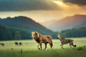 een leeuw en een gazelle wandelen door een veld. ai-gegenereerd foto